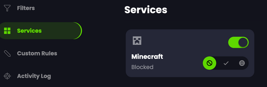 Screenshot of Control D DNS Services blocking Minecraft