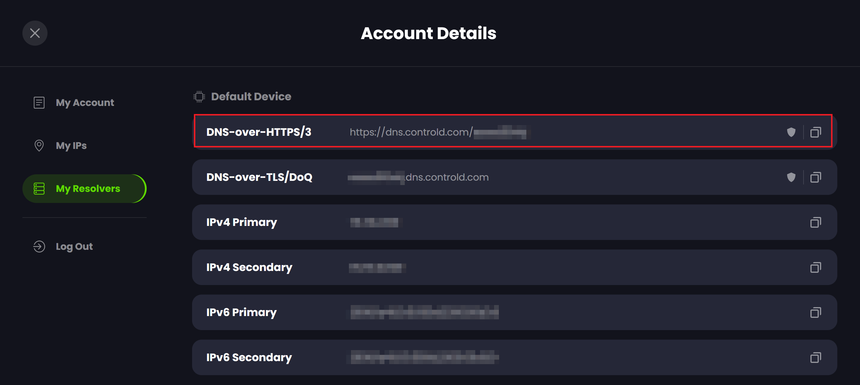 Screenshot showing Control D Resolvers, highlighting DNS-over-HTTPS/3