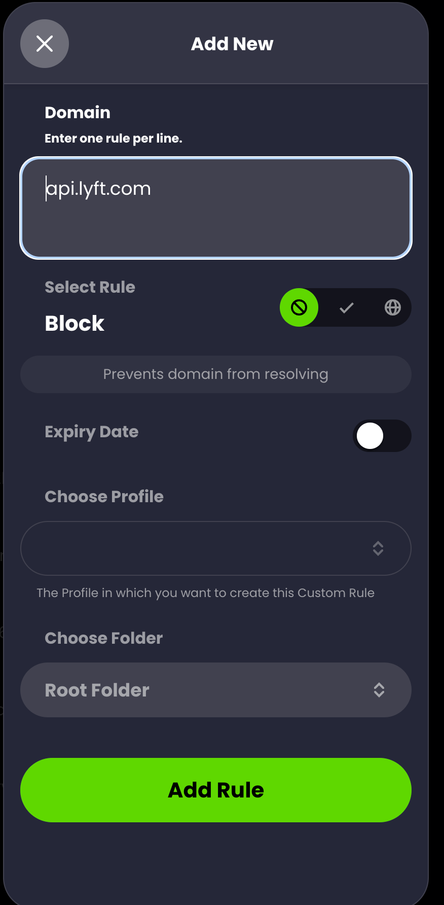 Screenshot demonstrating how to add a custom block with the example of api.lyft.com