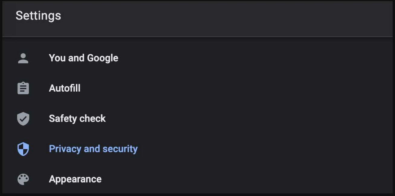 Screenshot showing the Settings Panel for Chrome - Privacy and Security is highlighted