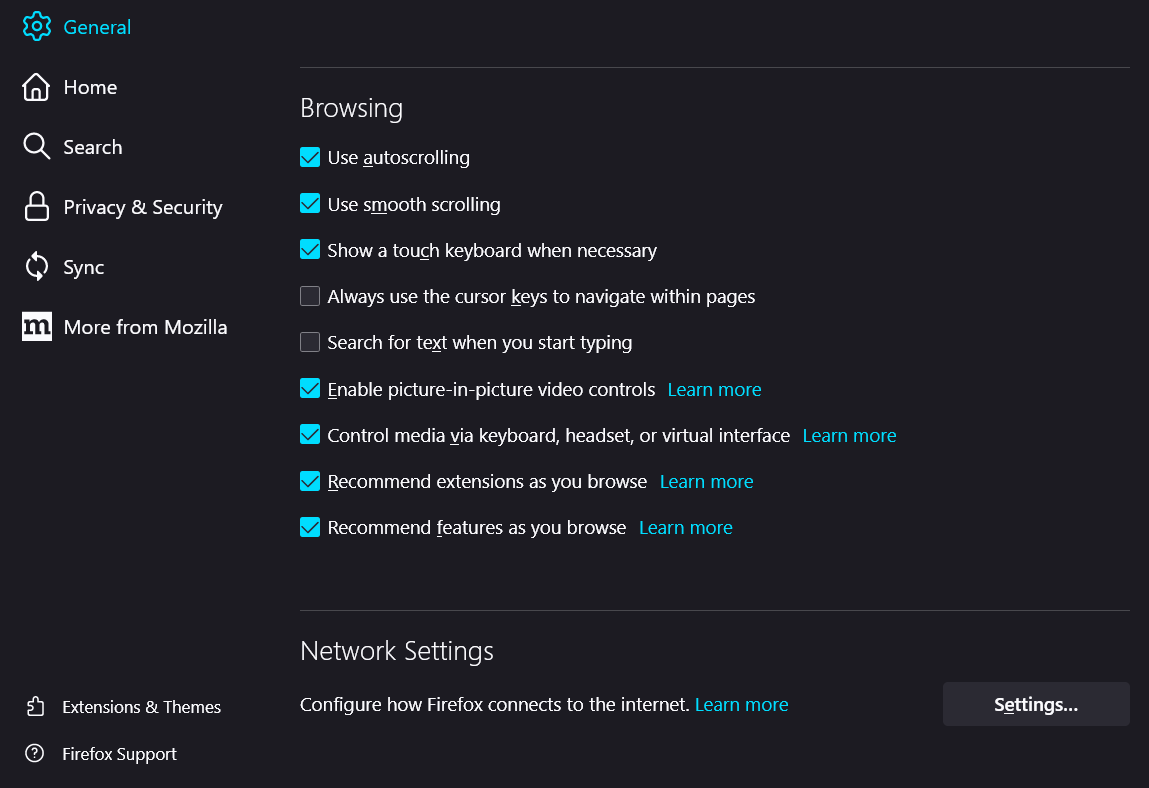 Screenshot of Firefox General Network Settings Option