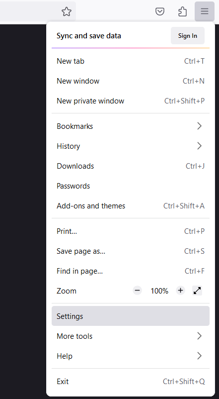 Screenshot of Firefox Settings Menu