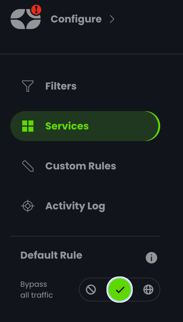 Screenshot of the Control D Control Panel Menu options, showing Filters, Services, Custom Rules and Activity Log