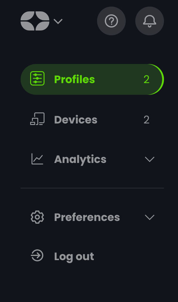Screenshot showing new Control D Dashboard Main Menu Options: Profile, Devices, Analytics,