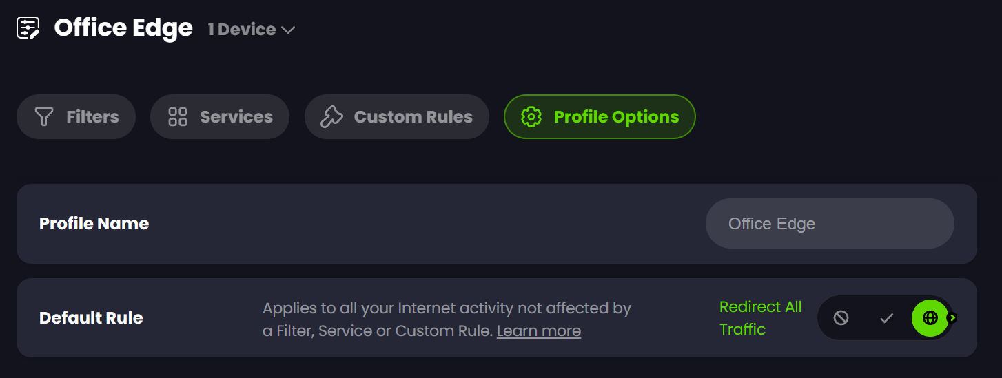 Screenshot showing Default Rule toggle, is now located in Profile Options