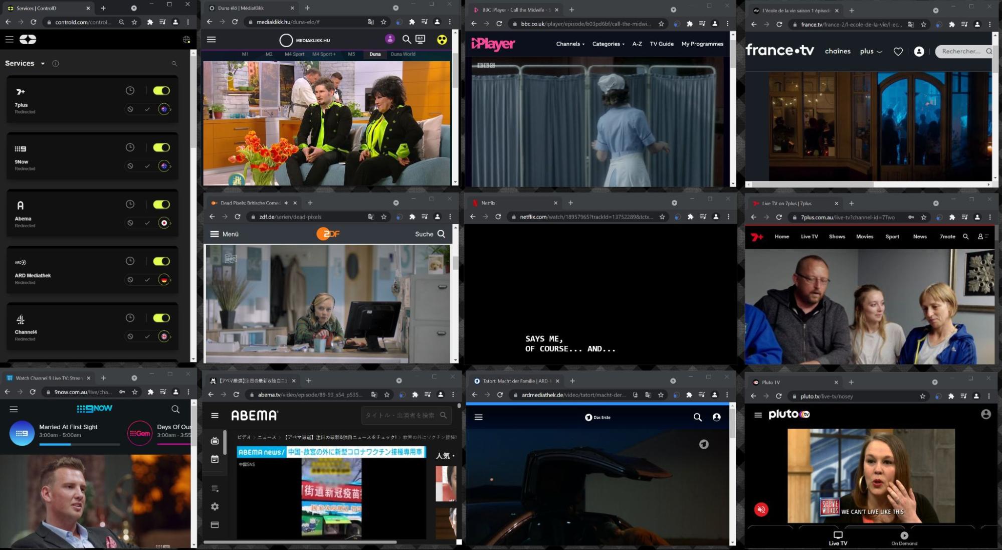 Screenshot of 10 different windows of differing media services, all with a different exit node assigned