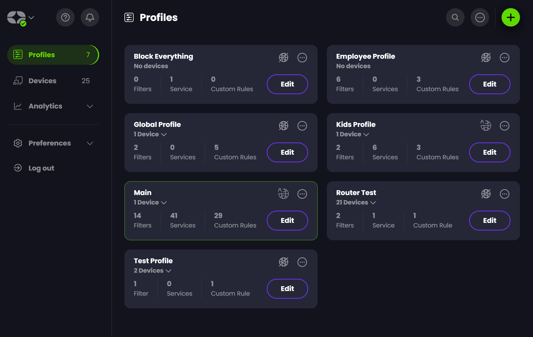Screenshot of Control D's Profiles panel showing multiple profiles with different setups