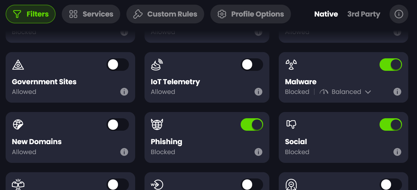 Screenshot of Control D UI: Filters and Social