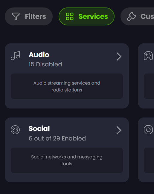 Screenshot showing Control D UI: Services and Social